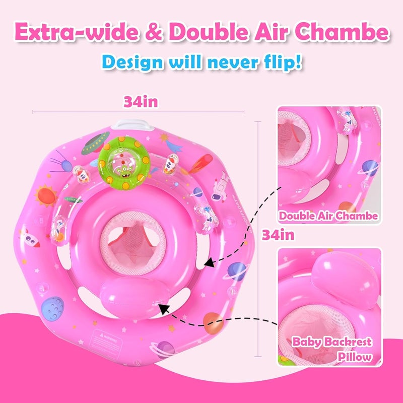 GEEQUFLOAT Baby Pool Float with Canopy UPF50+ Sun Protection, Inflatable Infant Pool Float with Adjustable Safety Seat & Toy Play Console，Baby Floatie for 6-36 Months Boys & Girls，Safety Handles & Leashes（Pink） - Image 5